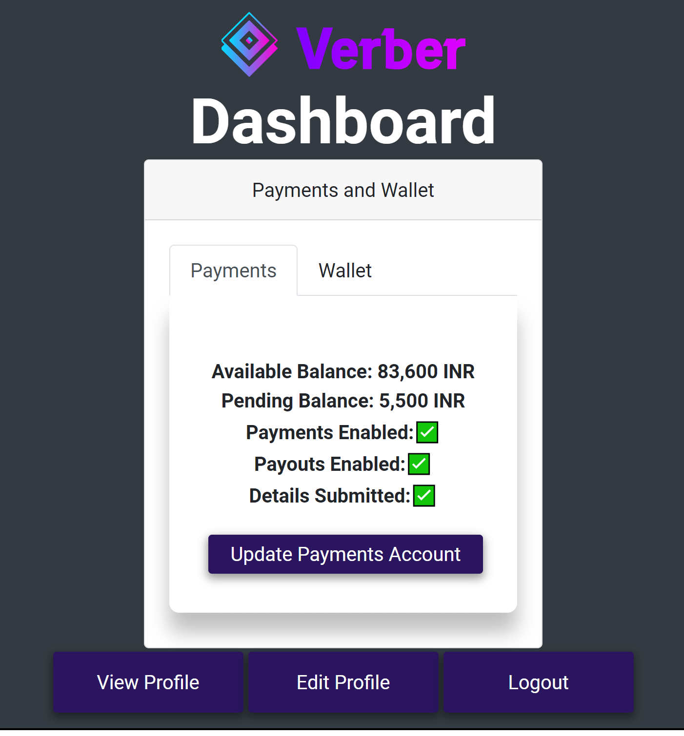 Verber Payments account details on Dashboard