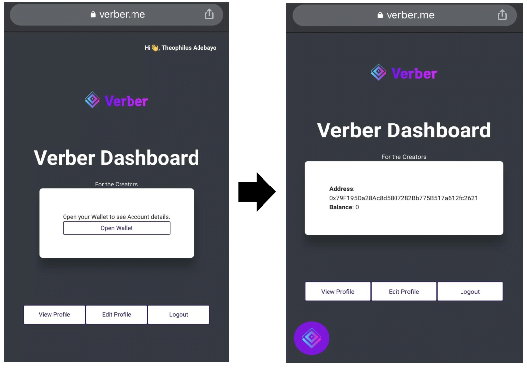 Verber Wallet account number on Dashboard